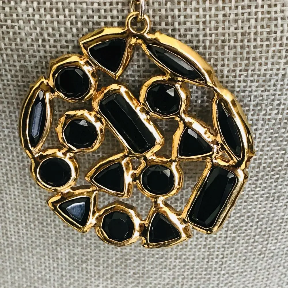 Kate Spade Long Pendant Necklace - Signed - Black Sparkling Cluster - Gold Tone